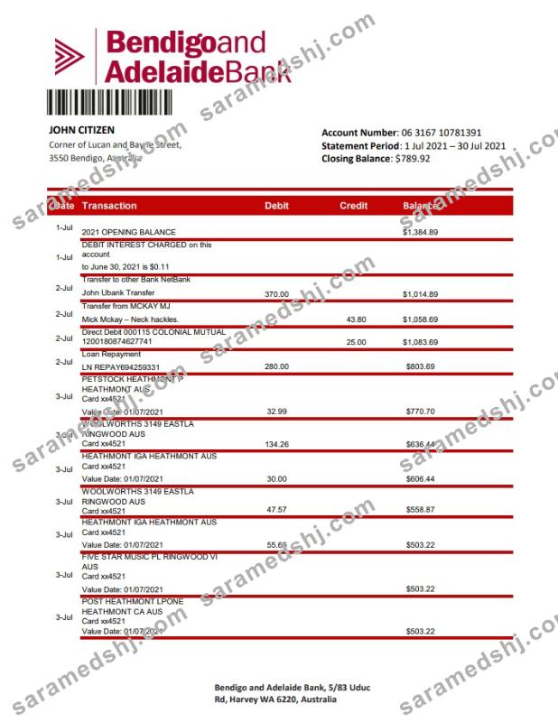 Australia Bendigo and Adelaide Bank bank statement xls